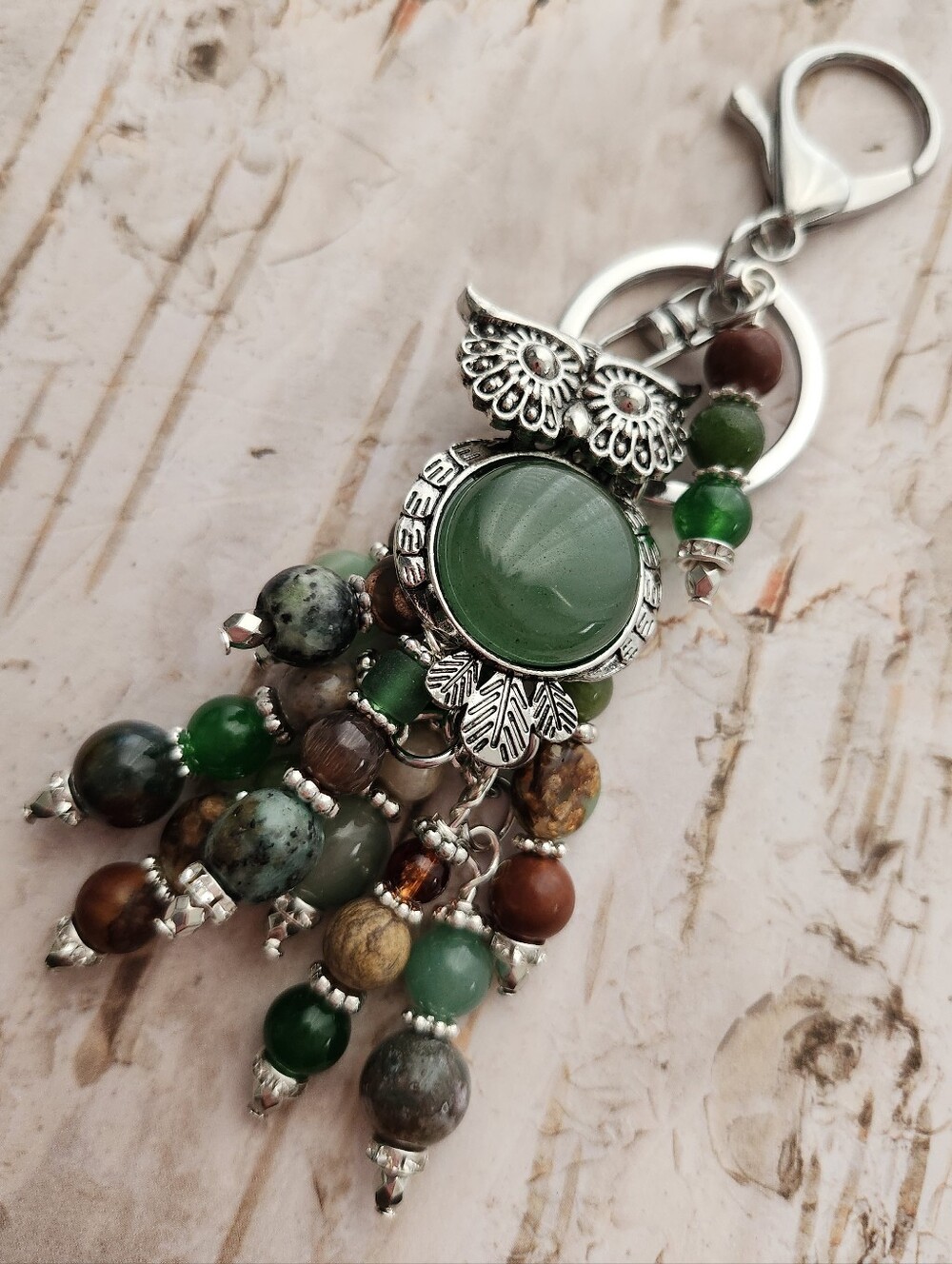 Owl Purse Charm Aventurine Imperial Jasper Agate Turqouise Jasper Handcrafted